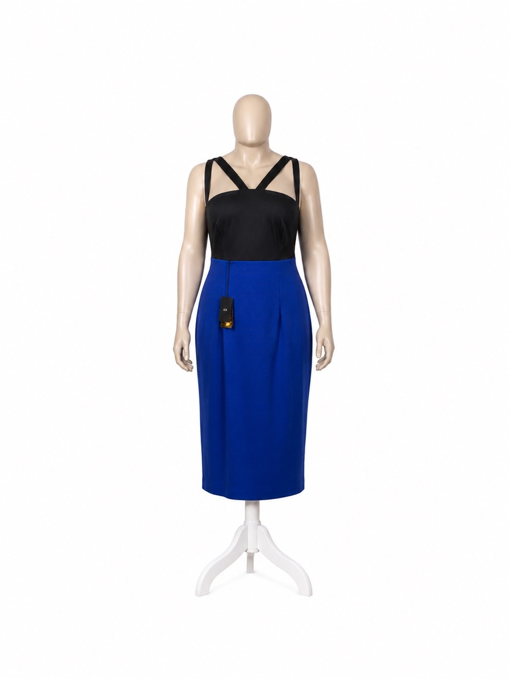 ABS Allen Schwartz Black and Royal Blue Two-Tone Midi Sheath Dress